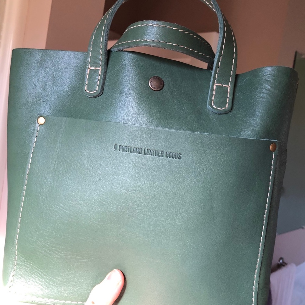 Portland Leather Goods mini Crossbody tote in eucalyptus